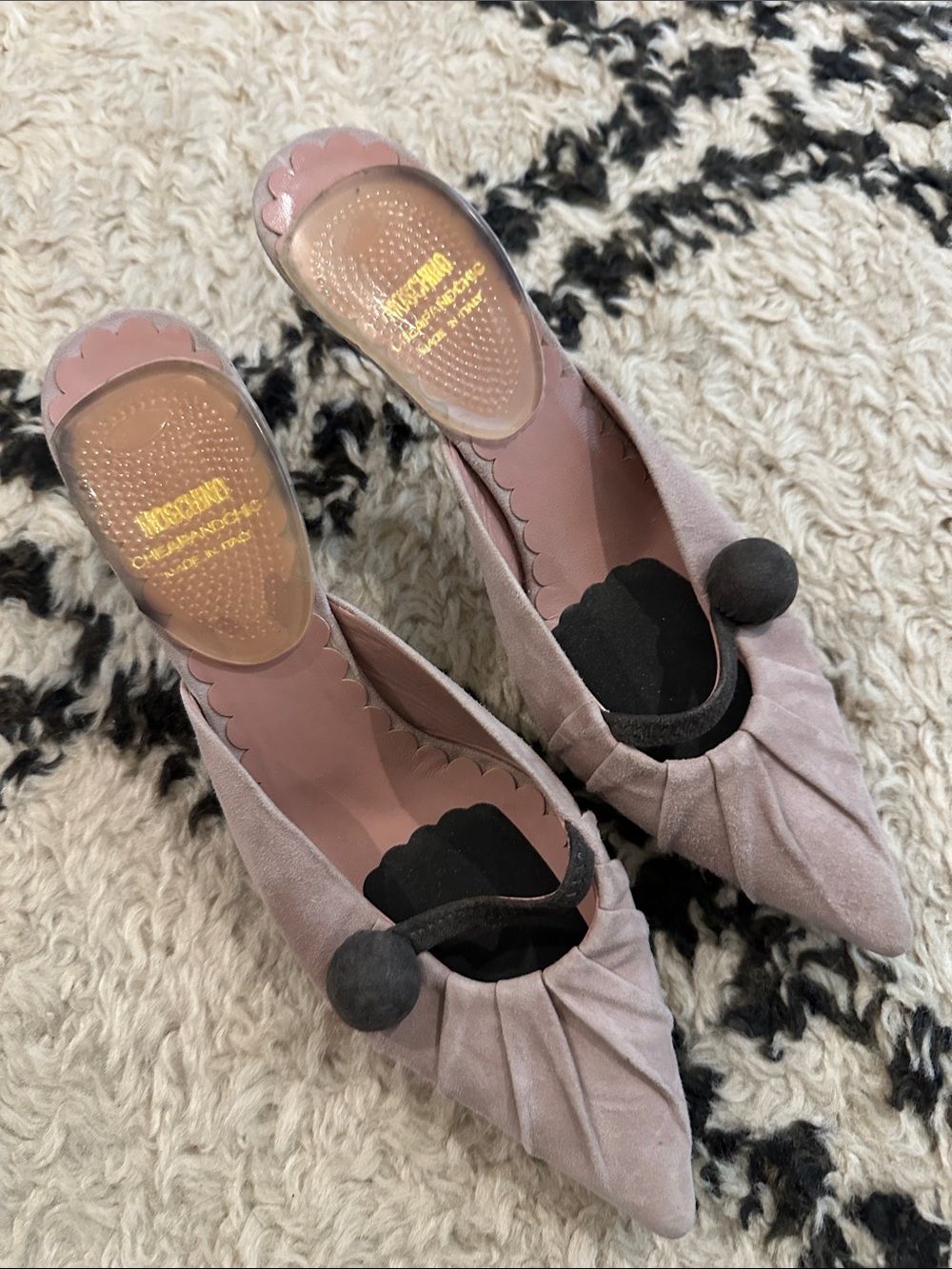 Moschino Pink Suede Pointed Mules with chocolate Pom Detail